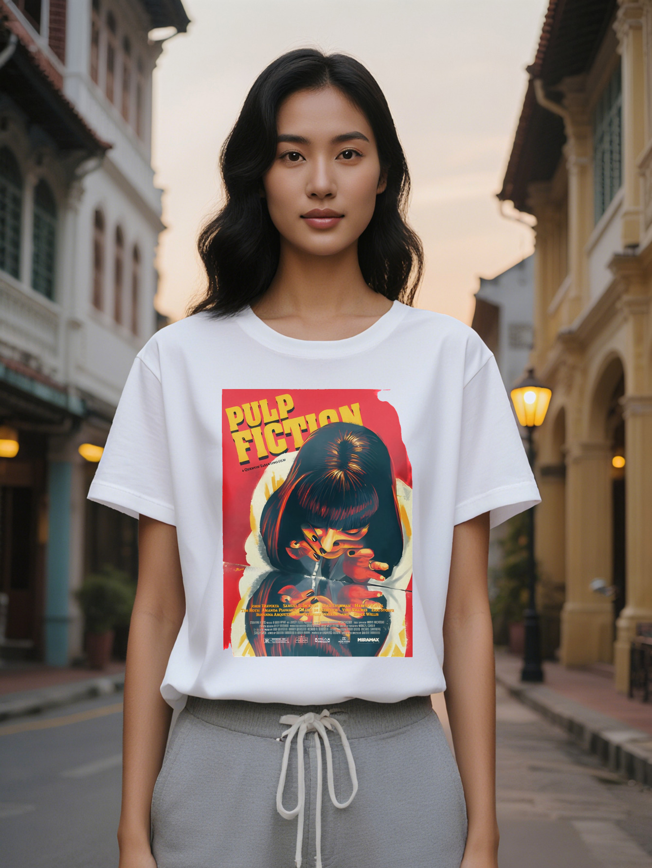 Large XL Black Graphic Lady Casual T-Shirt Pulp Fiction Art Print with Female Character Design, Washable, Regular Fit, Gift, Plus Size