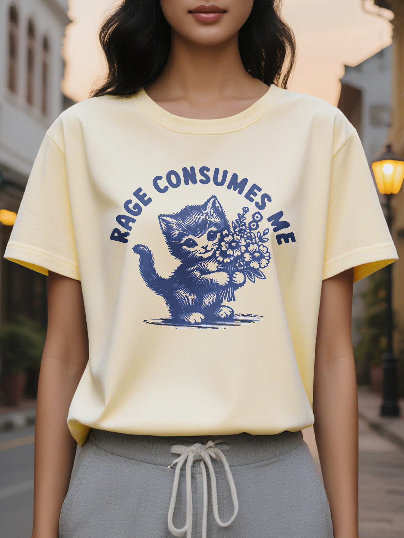 Women's Rage Consumes Me Pattern Black Cat Floral Casual Short Sleeve Loose Crew Neck Spring Summer T-Shirt