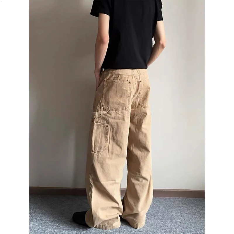 Khaki Mens Vintage Y2K 2000s Wide Leg Baggy Casual Denim Trouser High Waist Loose Jeans 2025 Autumn American Cargo Pants 250904