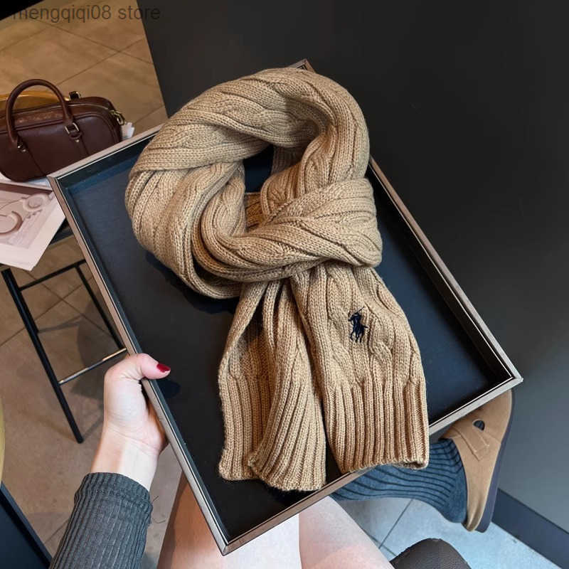 Pony Embroidery Autumn Winter Wool Blend Knitted Solid Color Scarf Unisex Winter Warm Neck Warmer Shawl L250904