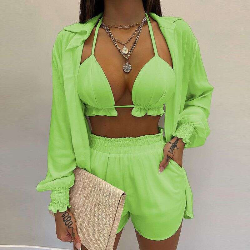 Clothing Women's Sexy Three Piece Suit Spring Beach Fashion Shorts Set