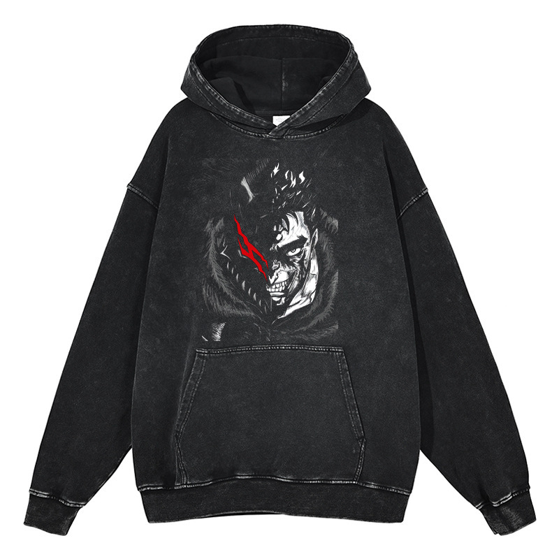 American Vintage Washed Hoodie for Men and Women Hip-Hop Sword Art Online Dark-Themed Print Hoodie Distressed Hooded Sweatshirt - CJ7910