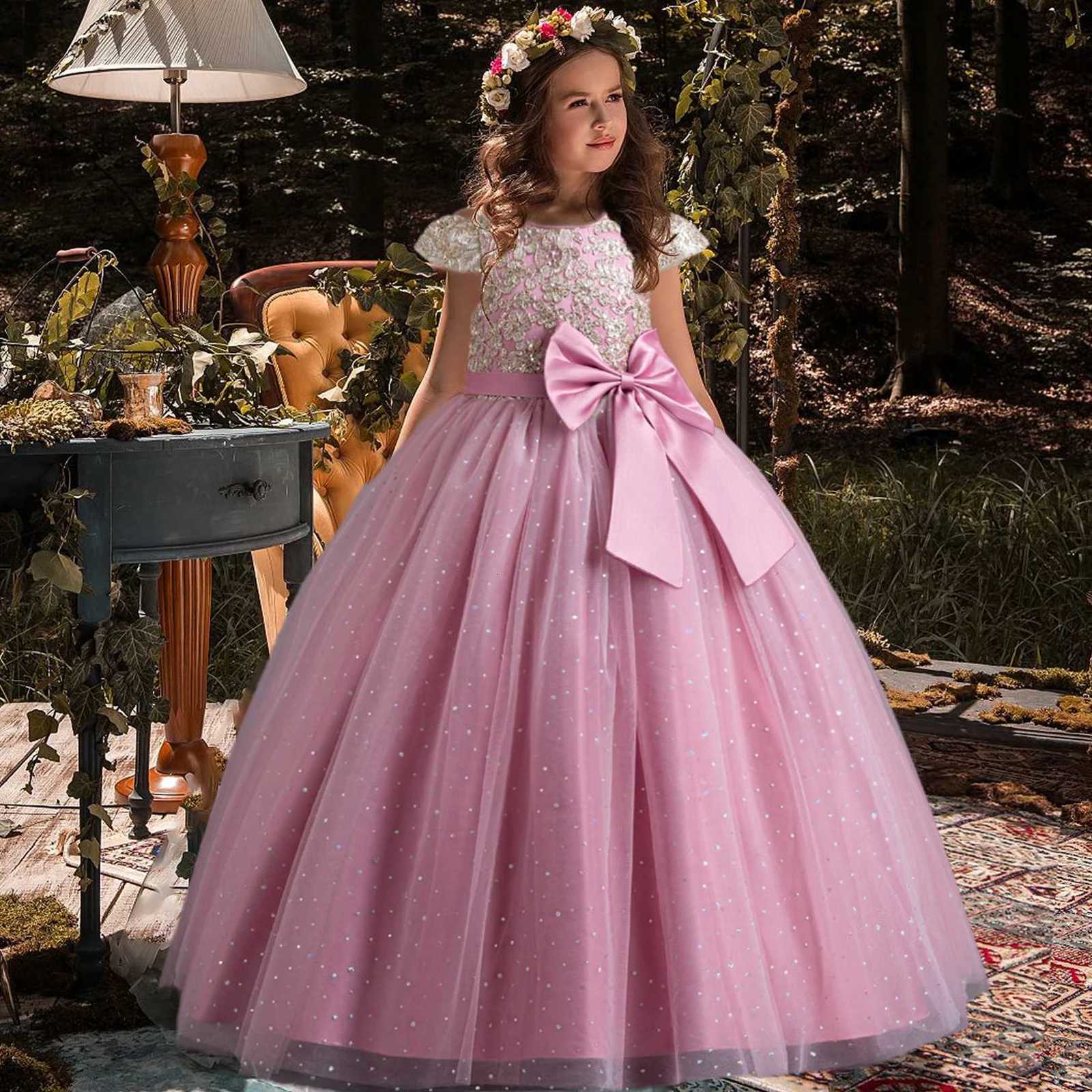 Fashion Bow Bridesmaid Girls Dress Sequin Flower Wedding Princess Prom Gown Elegant Tulle Birthday Party Dresses Evening Vestido Z250904