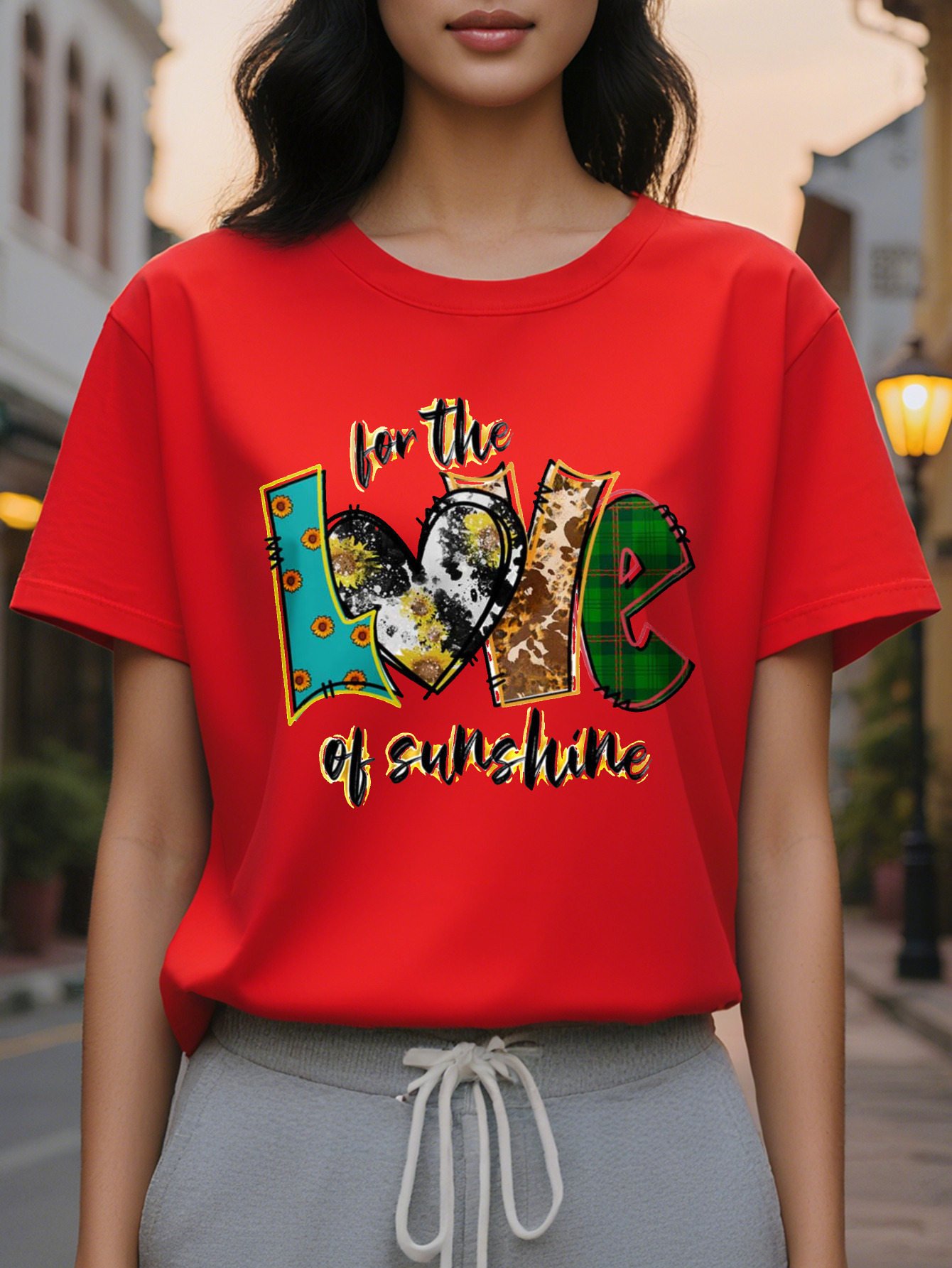 Ladies elegant sweater white jacket with the words "love sunshine" printed on it, mid-stretch shirt folded in autumn