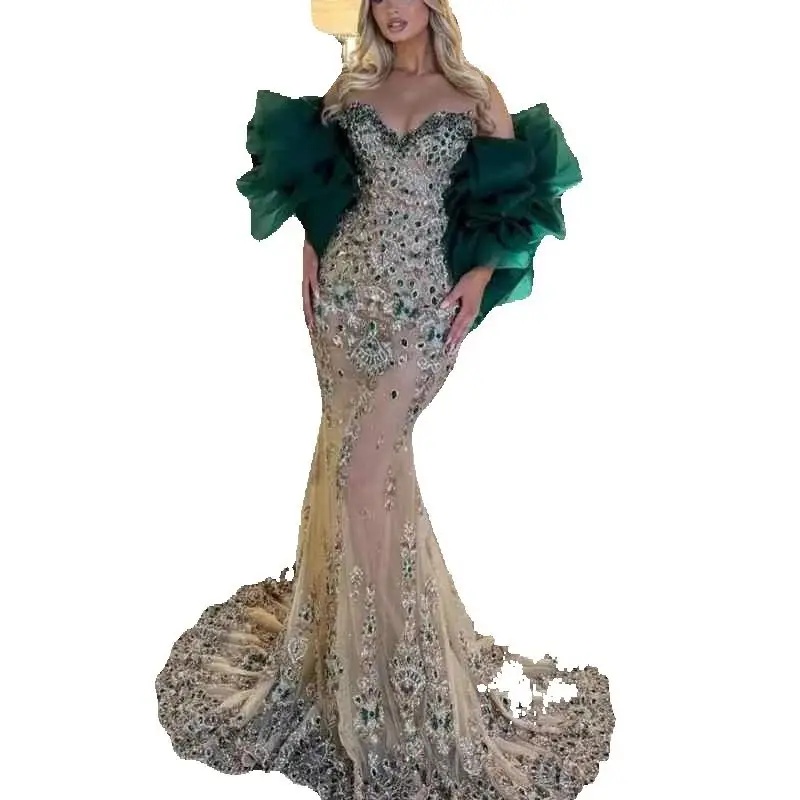 Luxurious Strapless Beaded Prom Dress with Ruffle Wrap Crystal Customized Party Gowns Sequined Floor Length Evening Dresses