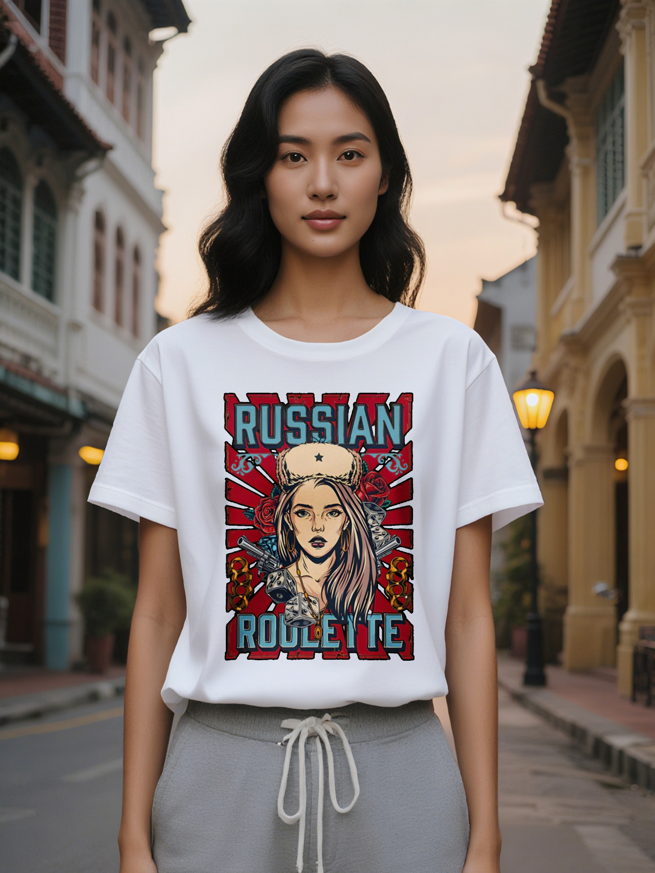 Large XL Women's Casual Graphic T-Shirt Black Russian Roulette Design with Female Portrait Red Accents Round Neck Summer Tee Plus Size