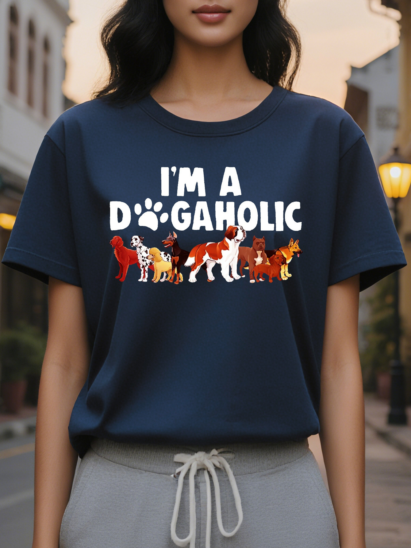 Short Sleeve Print Crew Neck I M A DOGAHOLIC T-Shirt Casual Women's Clothing for Spring Summer