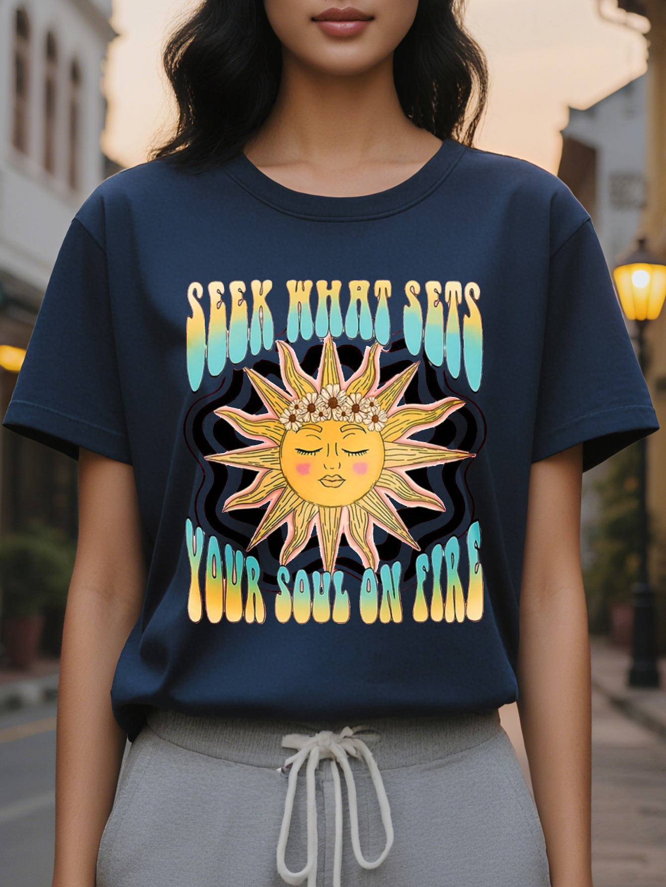 SEEK WHAT SETS Personalized Fashion Printed Round Neck Short Sleeve T-shirt Spring and Summer High-end Slimming Women's