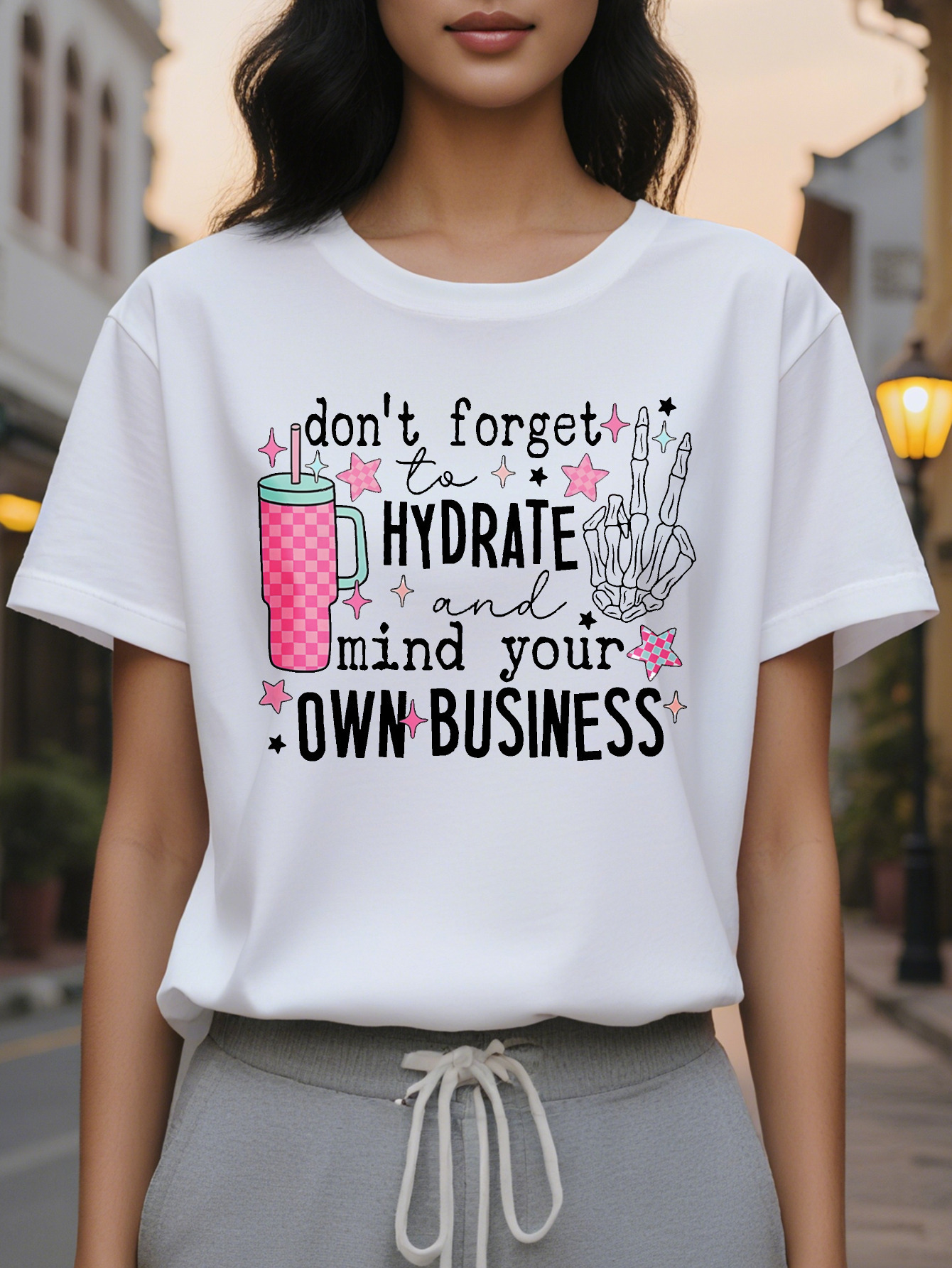 Ladies Don't Forget to Replenish Water Take Care of Yourself Pattern T Shirt White Short Sleeved Round Neck Jacket