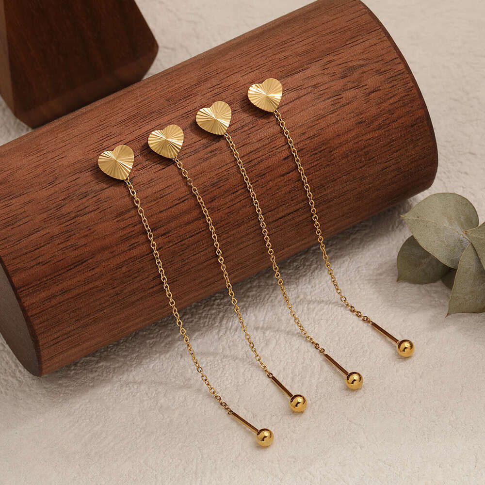Korean Style Niche Design Simple Laser Surface Heart Ear Thread Fashion Personality High-end Gold Titanium Steel Anti-loss Earrings