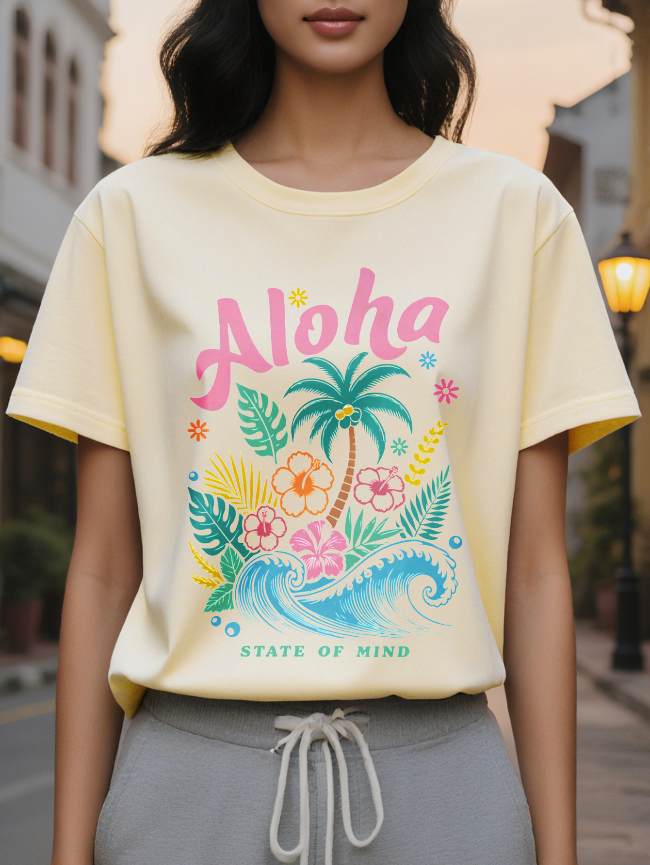 Women's Print T-Shirt Vibrant Summer Outfit with Palm Trees Flowers and Hawaiian Design Round Neck