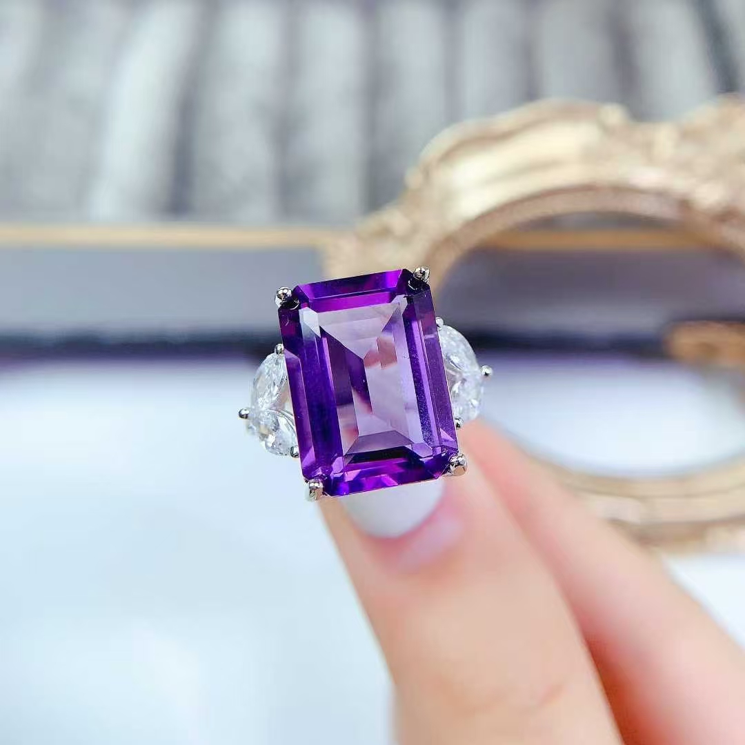 Real 925 silver ring natural amethyst jewelry with certificate 12mm * 16mm 12ct genuine amethyst ring birthday gift for women