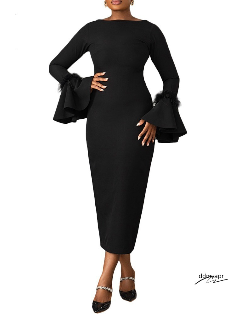 Uoozee Spring Elegant Ddmyday Banquet Fashion Solid Color Feather Sleeves A-Line Party Ball Long Dress 241019 Ddmyday Ddmyday Ddmyday Ddmyday