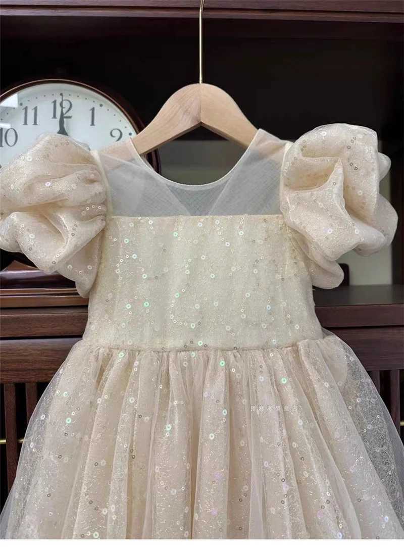 Girls Princess Long Dress Fashion Bow Sequin Puff Sleeve Tutu High End Formal Party Gown Ball New Style Children Evening Dress Z250904