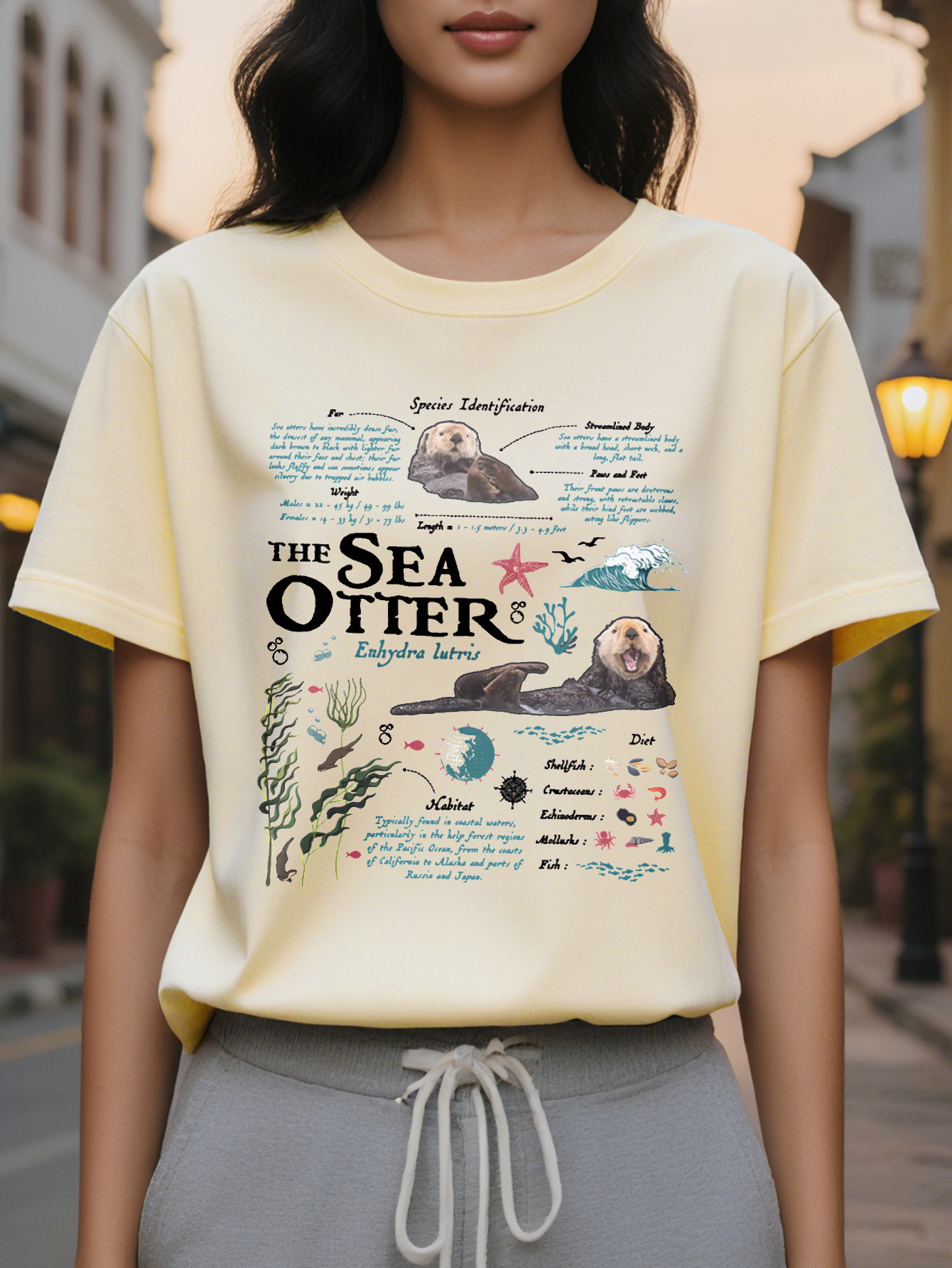 Women's Casual Sea Otter Print T-Shirt Round Neck Slim Fit Version Cotton Spring and Summer Regular Length