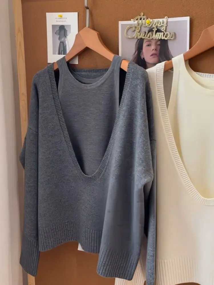 V Neck Fake Two Korean Fashion Sweater Jumper Sueter Mujer Long Sleeve Top Knitted Grey Pullover Pull Femme Cashmere Shirts M250904