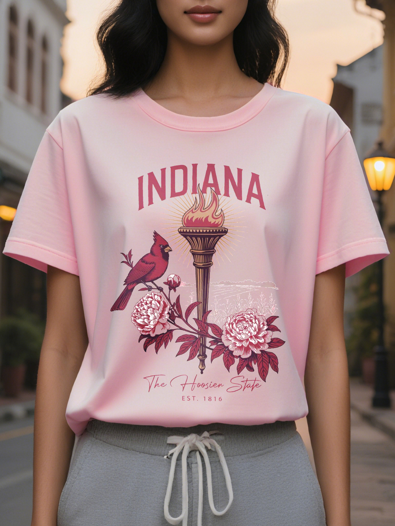 Women's Indiana pattern T-shirt white with red retro design established in round neck casual jacket light summer
