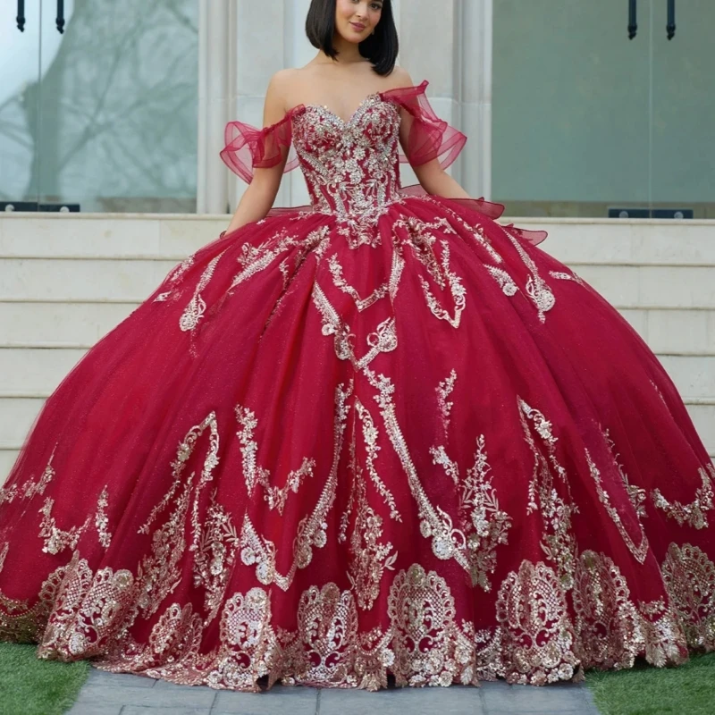Red Quinceanera Dresses Ball Gown Off The Shoulder Applique Lace Bow Beading Crystal Tull Party Sweet 16 Dress Vestidos 15 De Anos