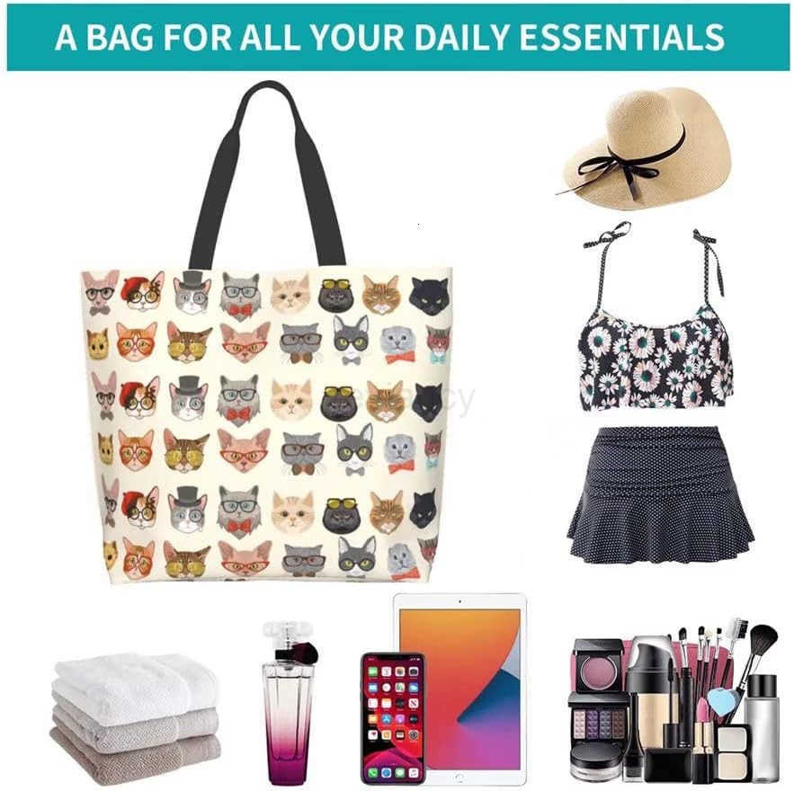 Tote Bag for WomenCute Purse Gifts for Cat LoversKitty Print Shoulder Reusable Shopping Handbags Casual Travel Polyester Summer Beach Grocery Bag Holi