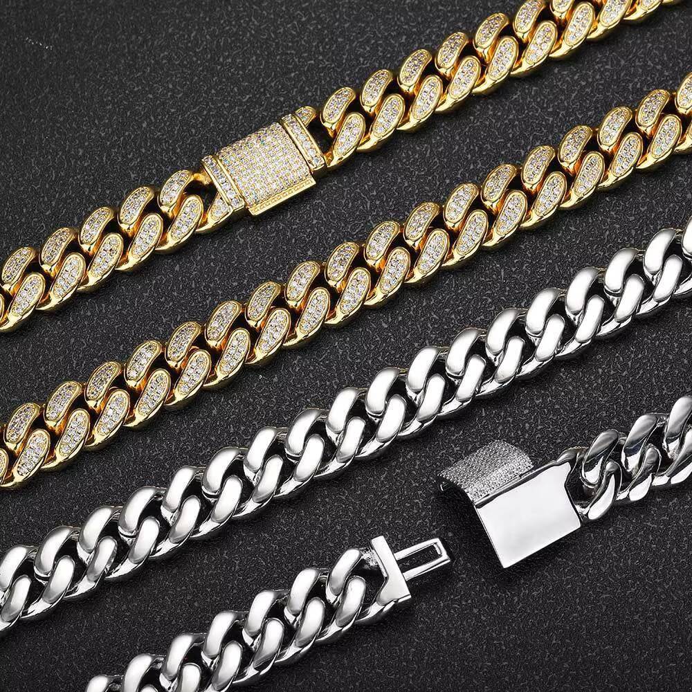 Hip Hop Style Mens Necklace with 12mm Flip Button Double Row Full Diamond Cuban Chain Chic Zircon Detail Fashion Necklace