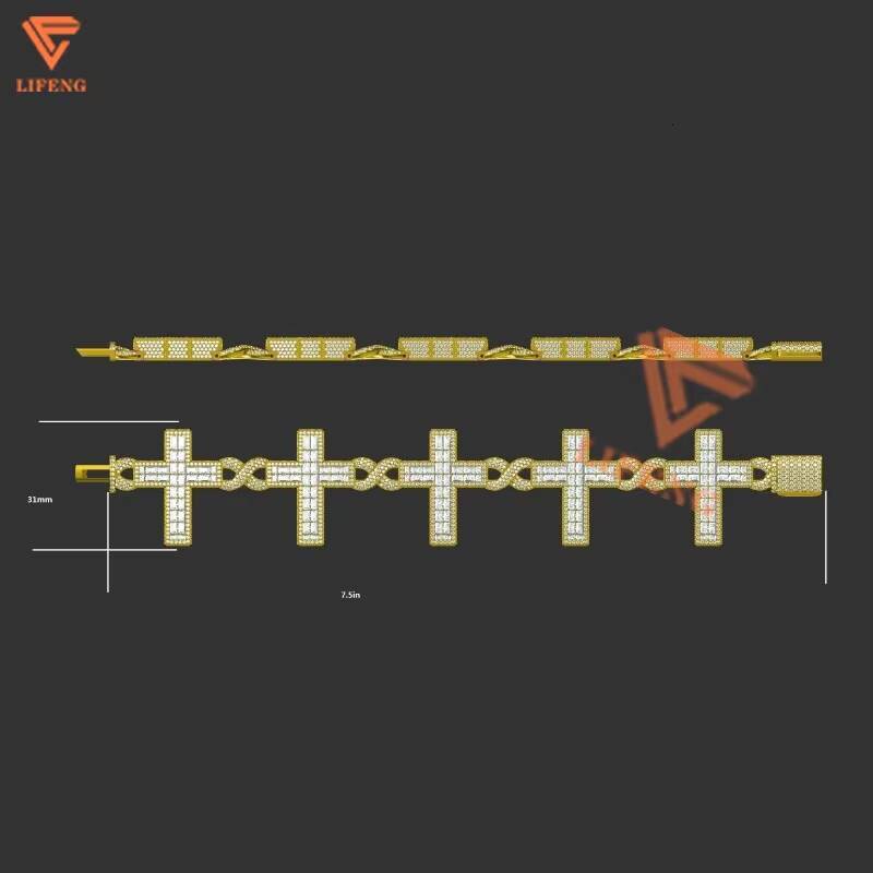 Lifeng Jewelry Iced Out Hip Hop Infinity Cuban Link Bracelet 925 Silver VVS Moissanite Cross Cuban Bracelet Baguette Cross Chain