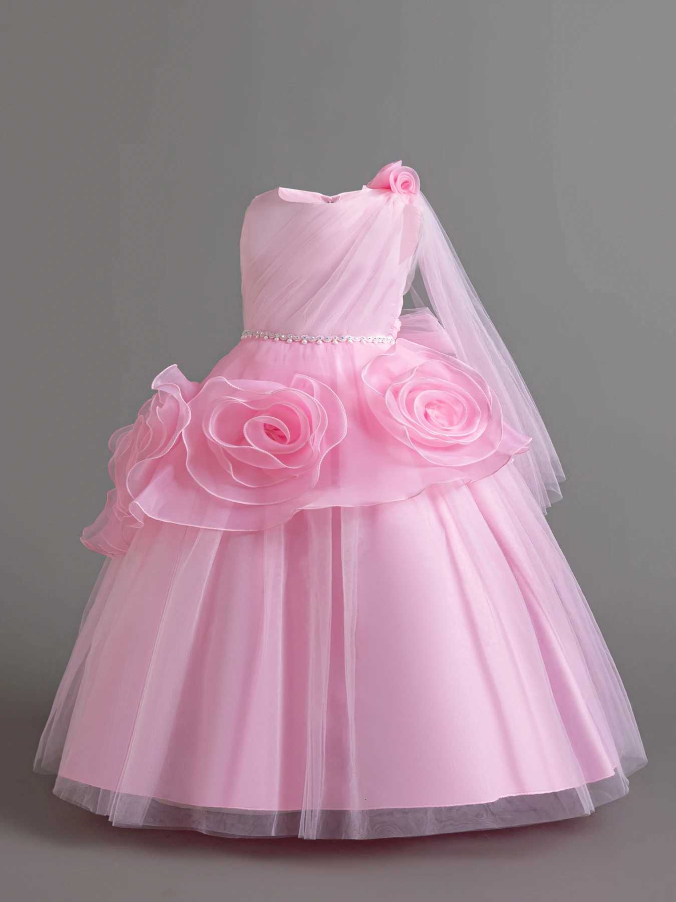 Pink / Blue Flower Sleeveless Childrens Dress Girls Mesh Fluffy Princess Dress for 3 to 12 Year Old Child Birthday Party Wear Z250904