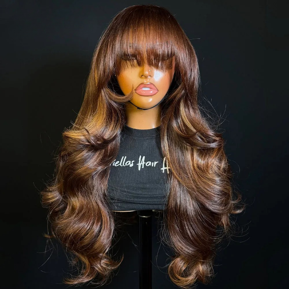 Highlight Wig Human Hair Body Wave Lace Front Wig With Bang 13x6 HD Transparent Lace Front Wigs 13x4 Brown Wigs Ready To Wear For Woman