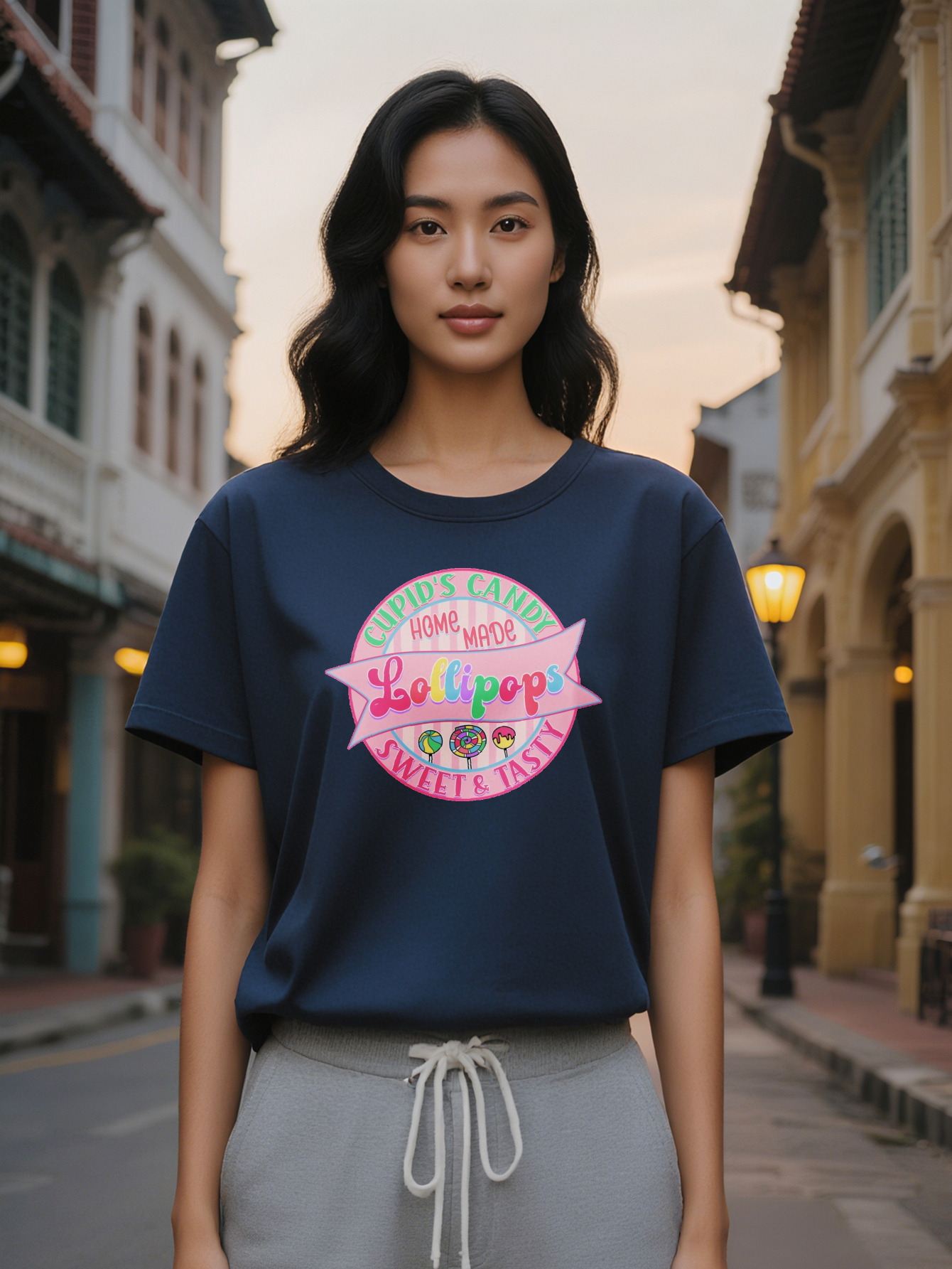 Lady Crew Neck T-Shirt with Colorful Lollipop Sweet Tasty Design Soft Fabric Perfect for Summer Casual
