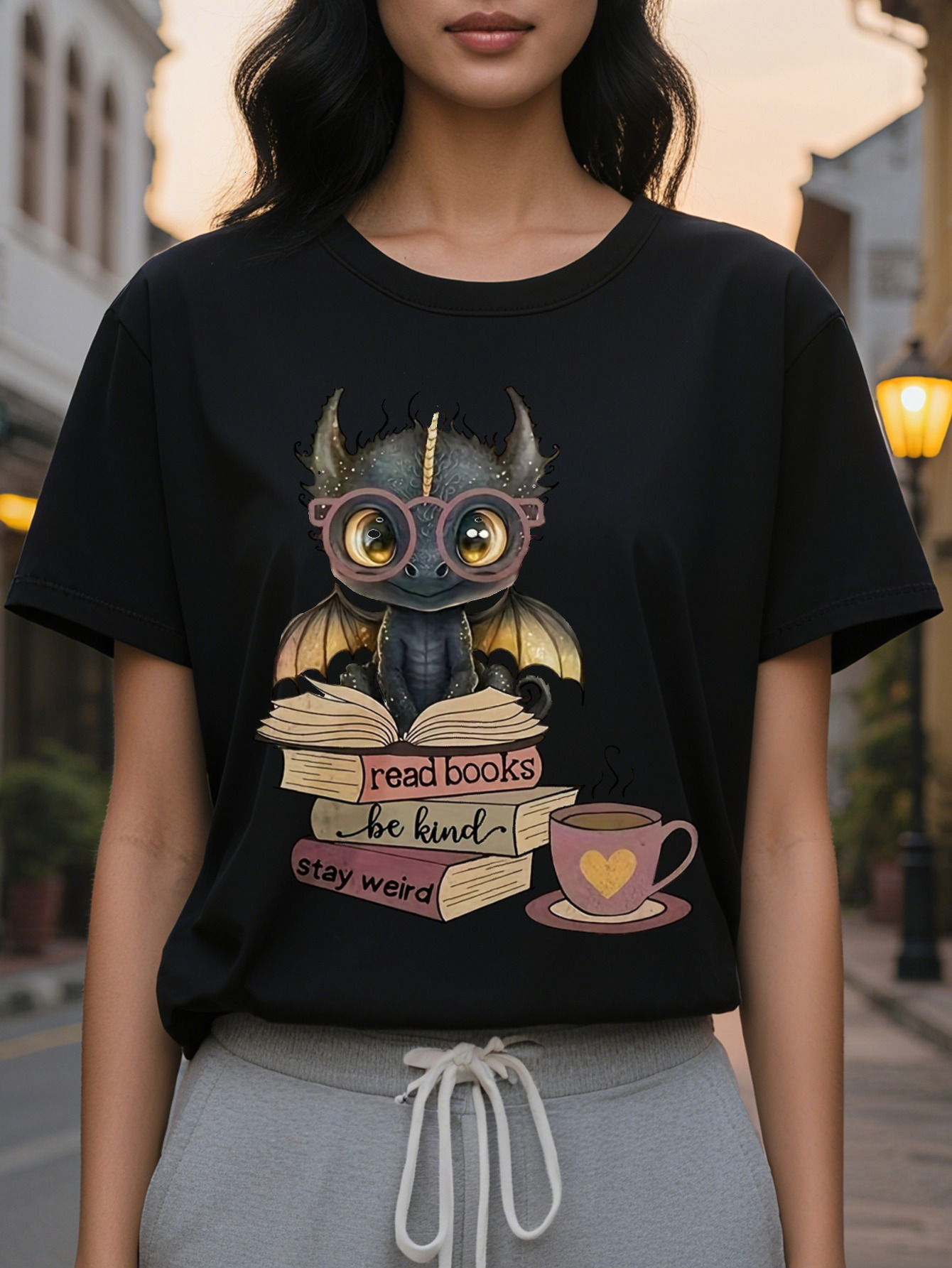 Large XL Soft Graphic Women's T-Shirt Cute Dragon Print with Read Books Be Kind Stay Weird Light Beige Round Neck Tee Plus Size