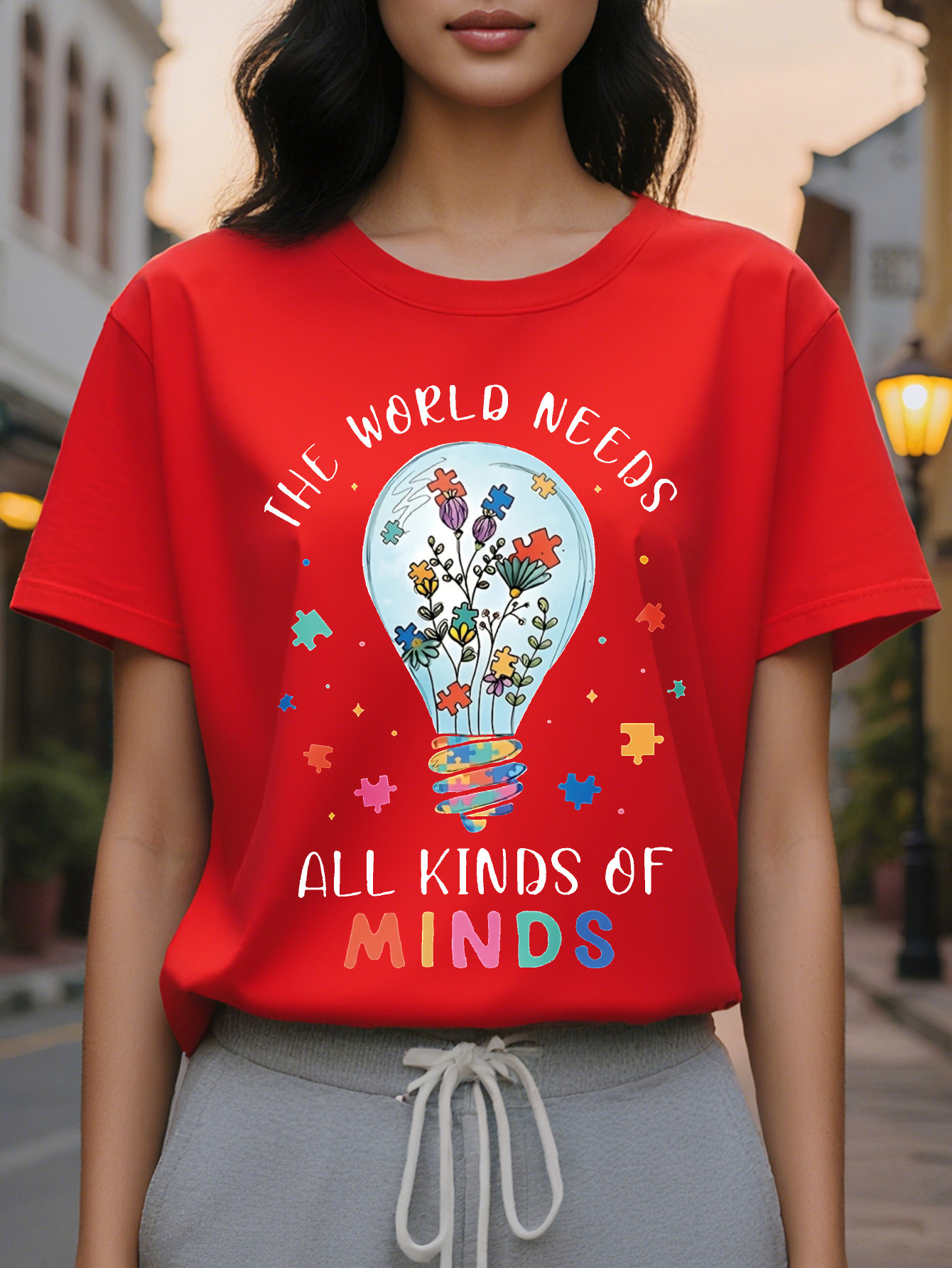 Large XL Women's Autism Awareness Neurodiversity Graphic Print T-Shirt The World Needs All Kinds of Minds Light Bulb Floral Plus Size
