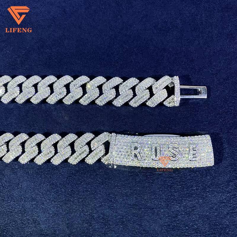 14mm Baguette Cut Moissanite 925 Sterling Silver Custom Name Necklace with Cuban Link Chain for Mens HipHop Style