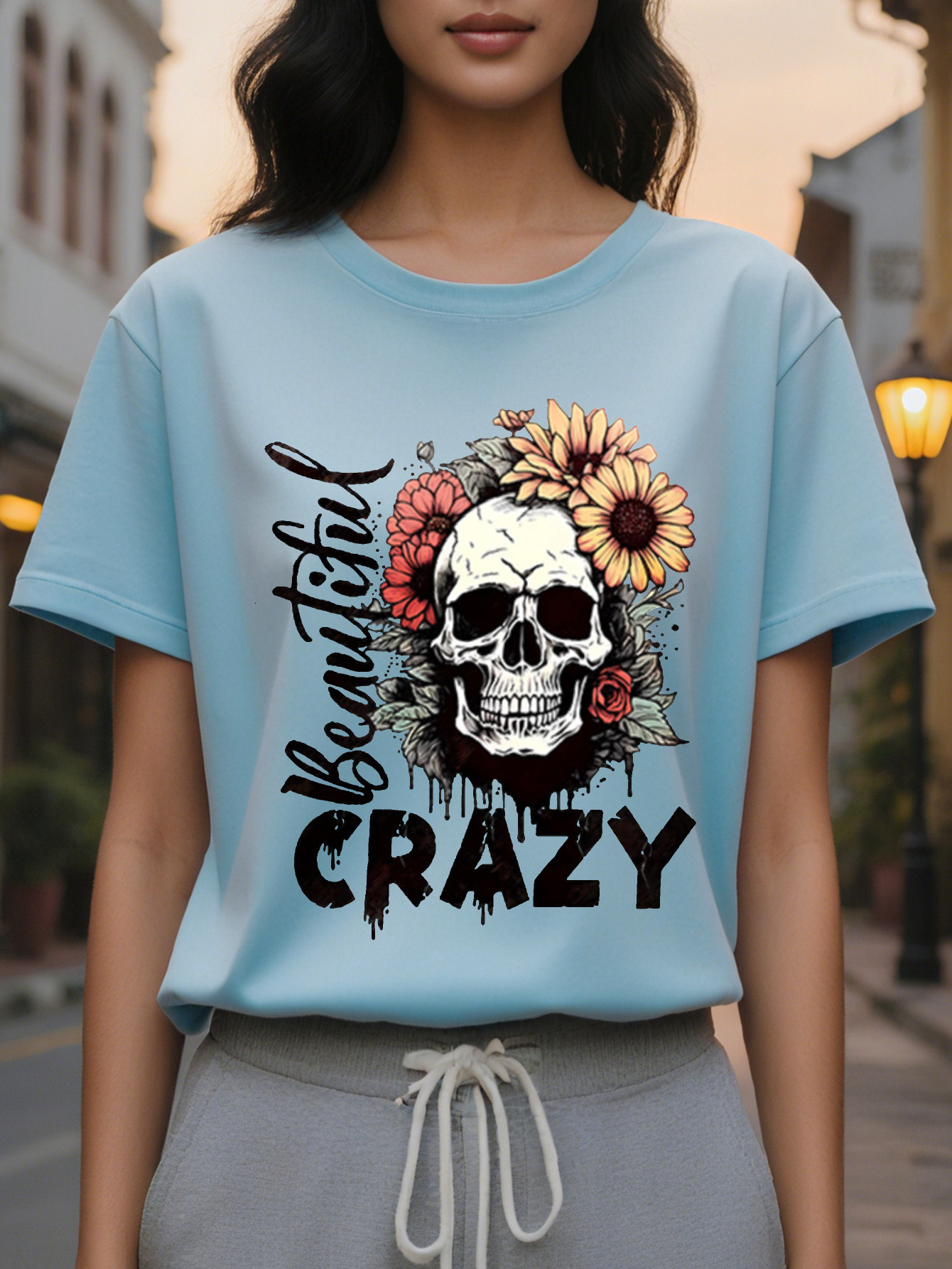 Ladies Casual Crew Neck T-Shirt Printed with Bloody Madness Print Cotton Knitted Fabric Regular Length Spring