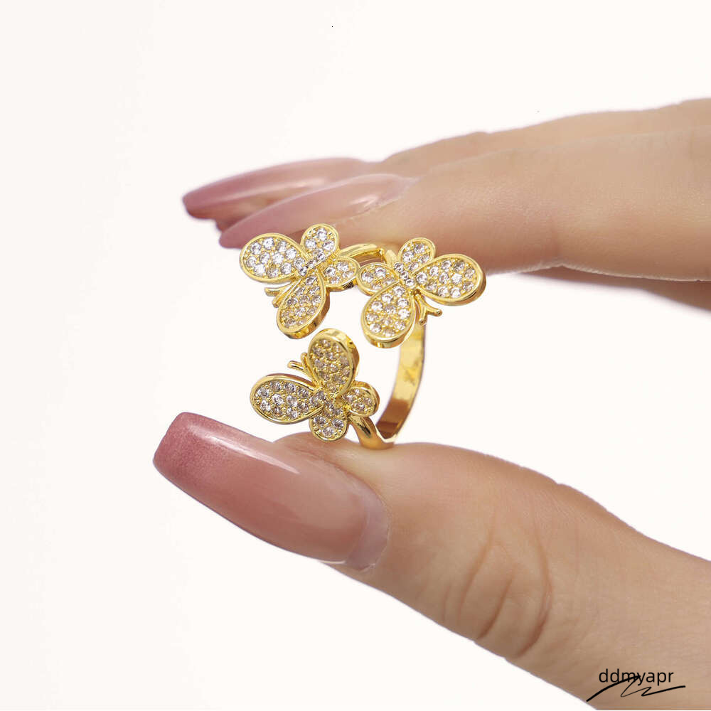 Ddmyday Gold Plated Butterfly - Open Adjustable CZ Flower Ring For Women | Dainty Bohemian Stackable Jewelry (Size 7) Ddmyday