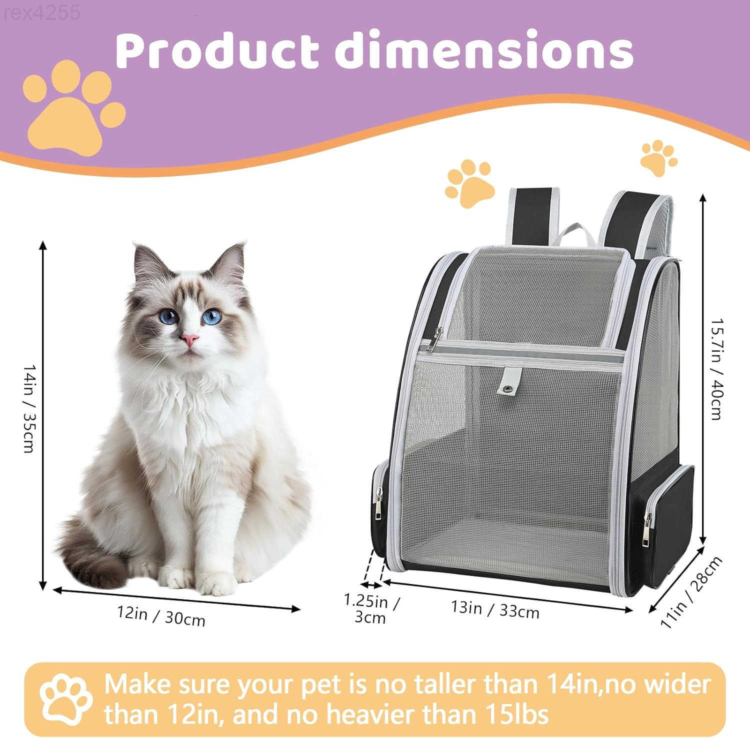 Cat Backpack Carrier Large Pet Backpack for Small Dog Medium Cat Puppy Kitten Bunny up to 15lbs Ventilated Mesh Dog Collapsible Travel Backpack for Hi