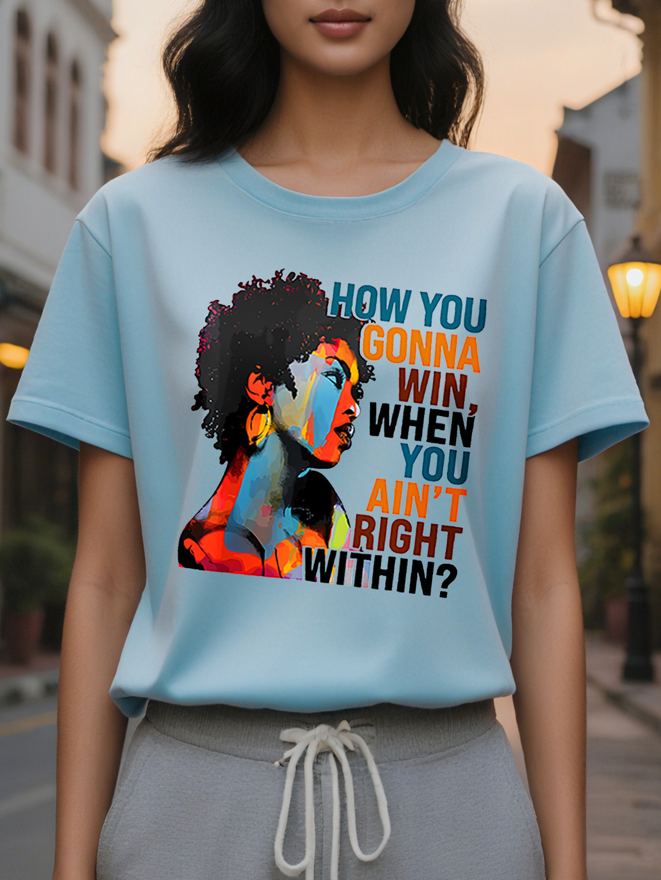 Large XL Women's Casual T-Shirt with Afro American Graffiti Portrait Print Cotton Knit Fabric Round Neck Regular Fit for Plus Size