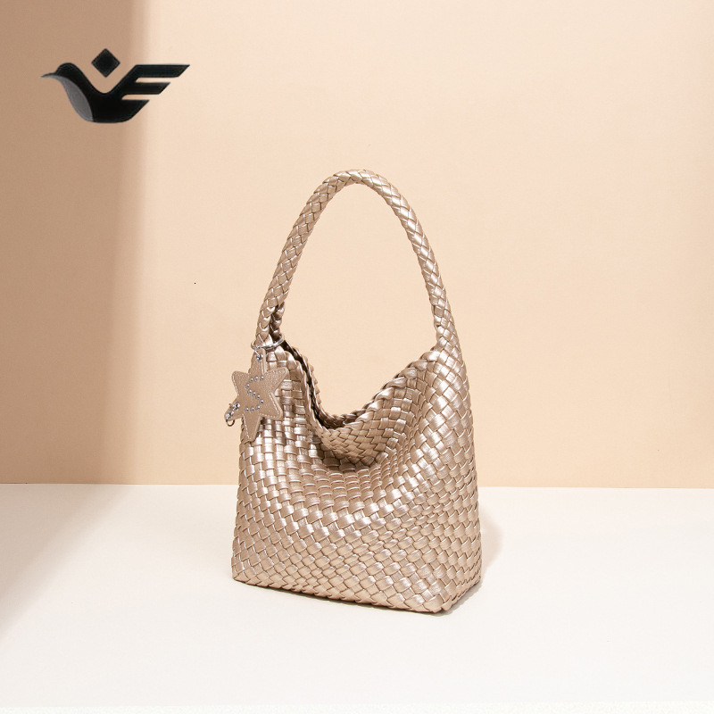 Feiyan Free Shipping New Designer Bag Luxury Shopping Bag Champagne Gold Woven Bag Tote Bag Star Pendant Large Capacity High-end Fashion Shoulder Bag