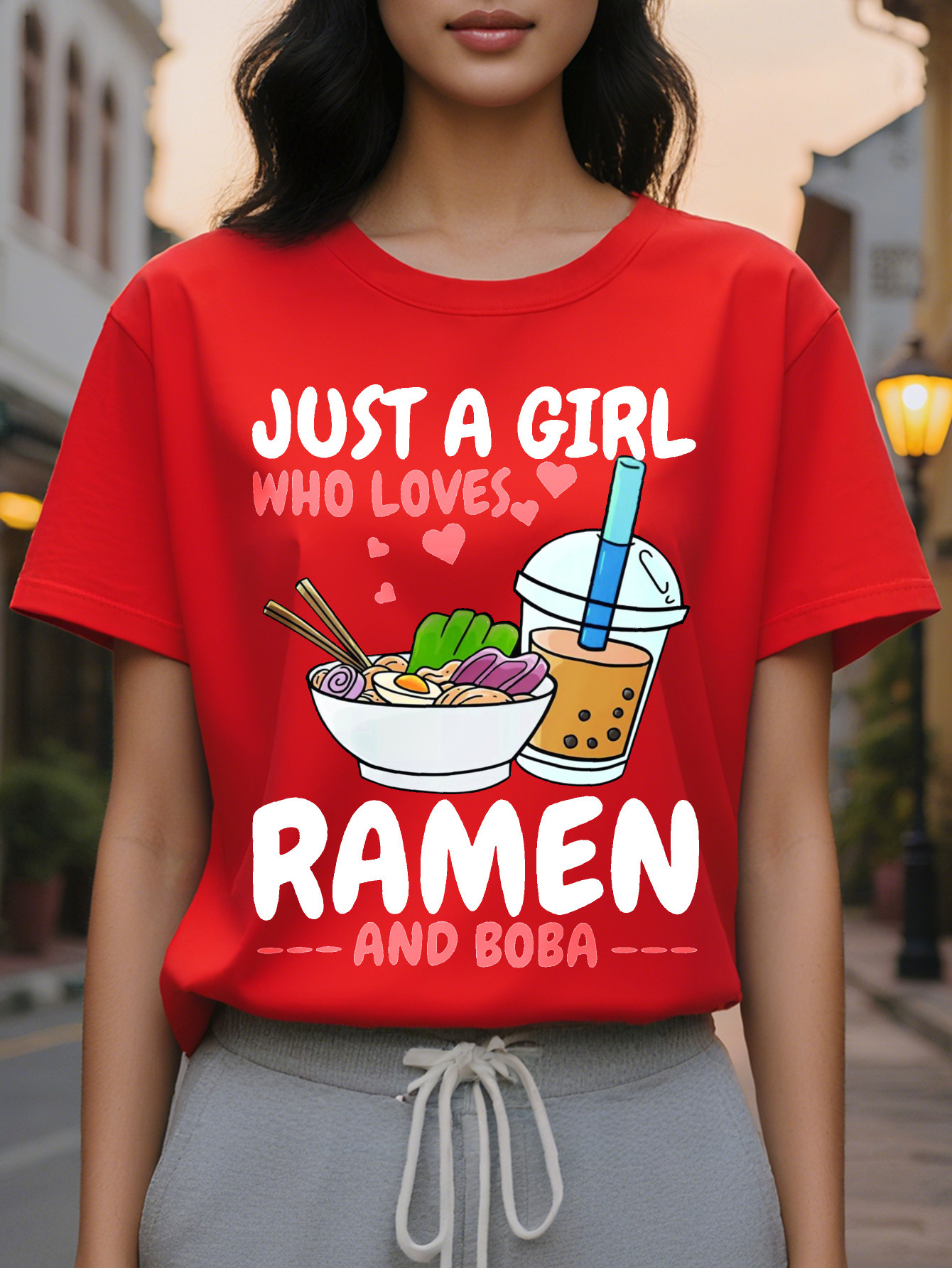 Large XL Ramen Letter Print Crew Neck T-shirt Casual Short Sleeve Top for Spring Summer Women's Clothing Plus Size