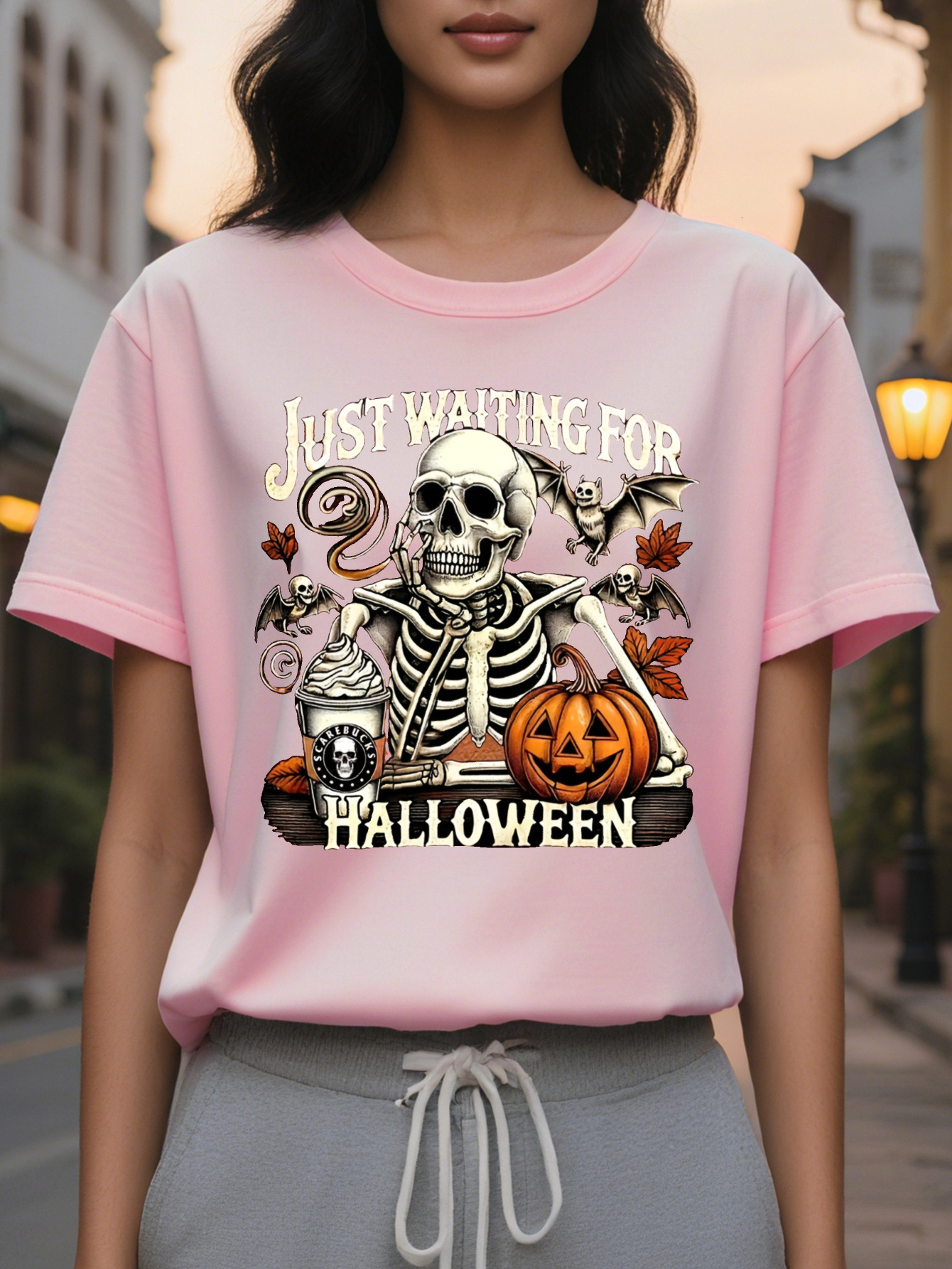 Women's Graphic T-Shirt Spooky Skeleton Jack O Lantern Print with Just Waiting Halloween Slogan Round Neck Short