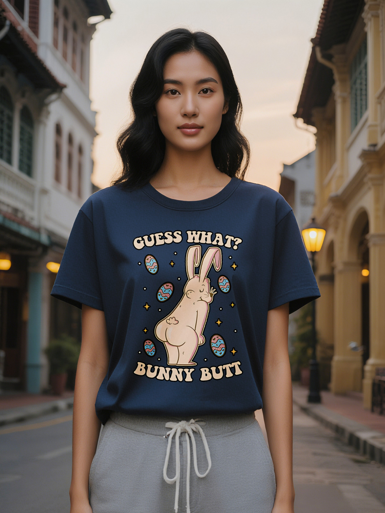 Large XL women's Casual Short Sleeve T-Shirt Black Easter Colorful Eggs Print with What Bunny Butt Text Round Neck Summer Tee Plus size