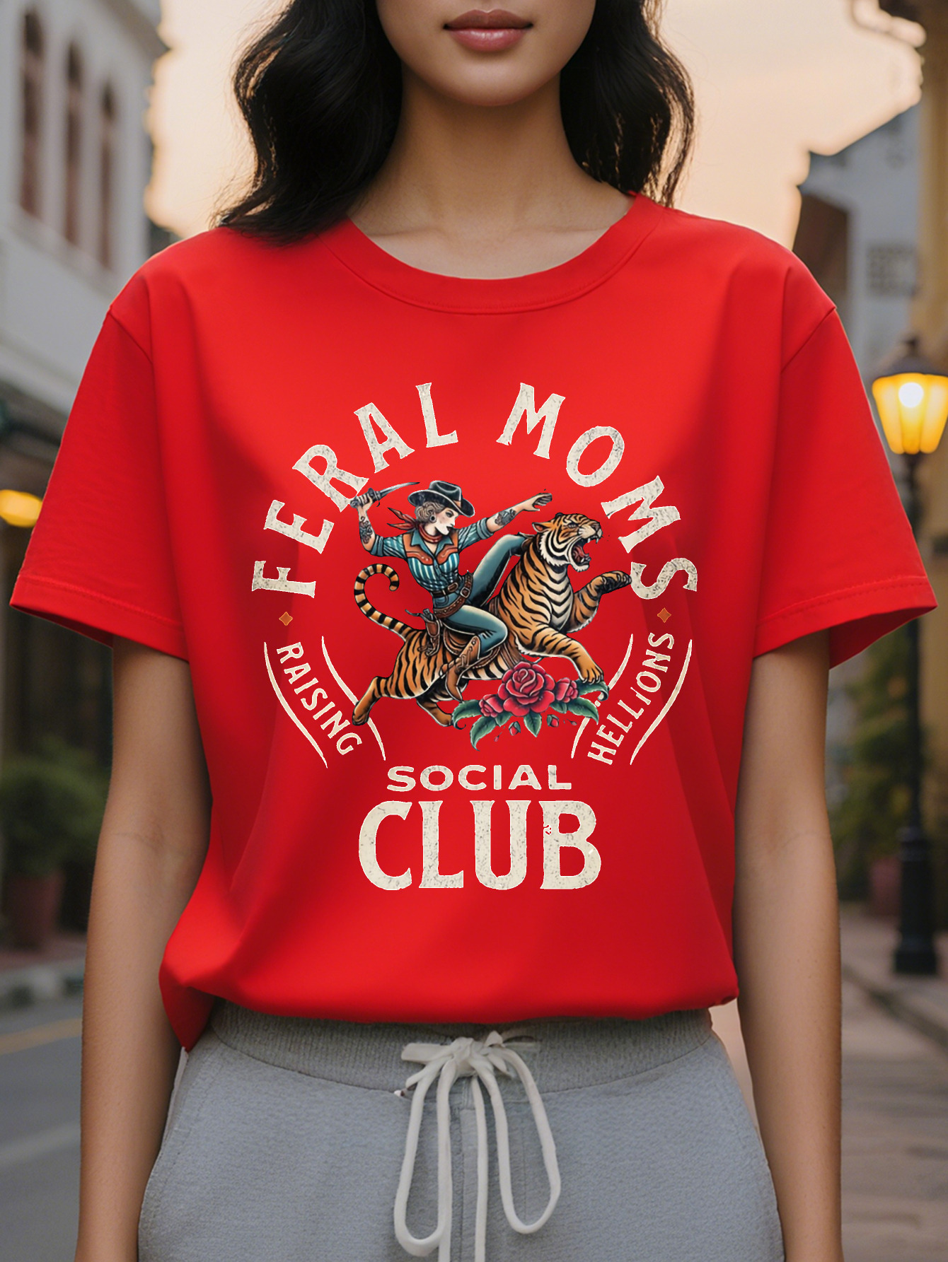 Large XL Women's Casual Short Sleeve T-Shirt FERAL MOMS SOCIAL CLUB Graphic Print Soft Rayon Spandex Cotton Relaxed Fit Plus Size