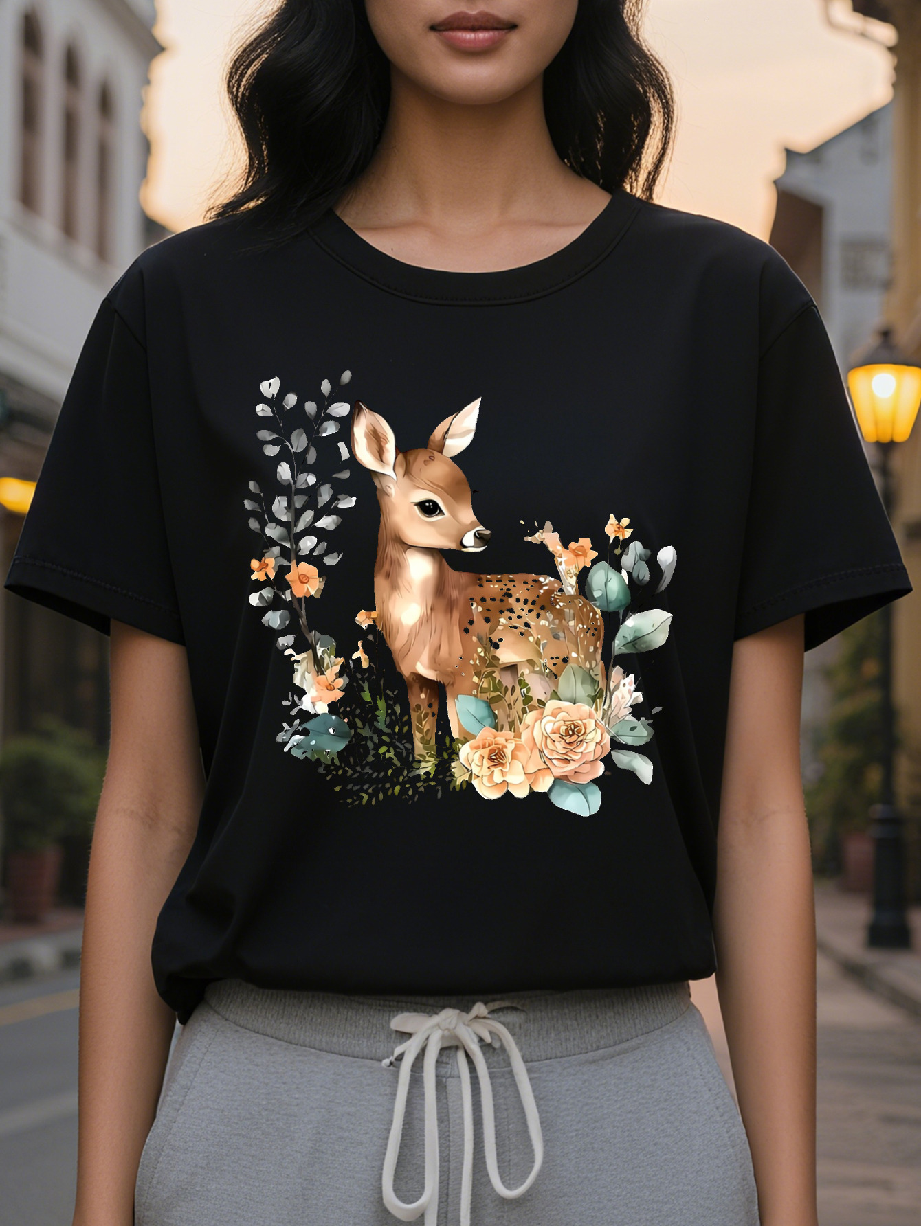 Women S Crew Neck T-Shirt and Print Short Sleeve SpringSummer Collection Cotton White with Brown Deer Design Casual