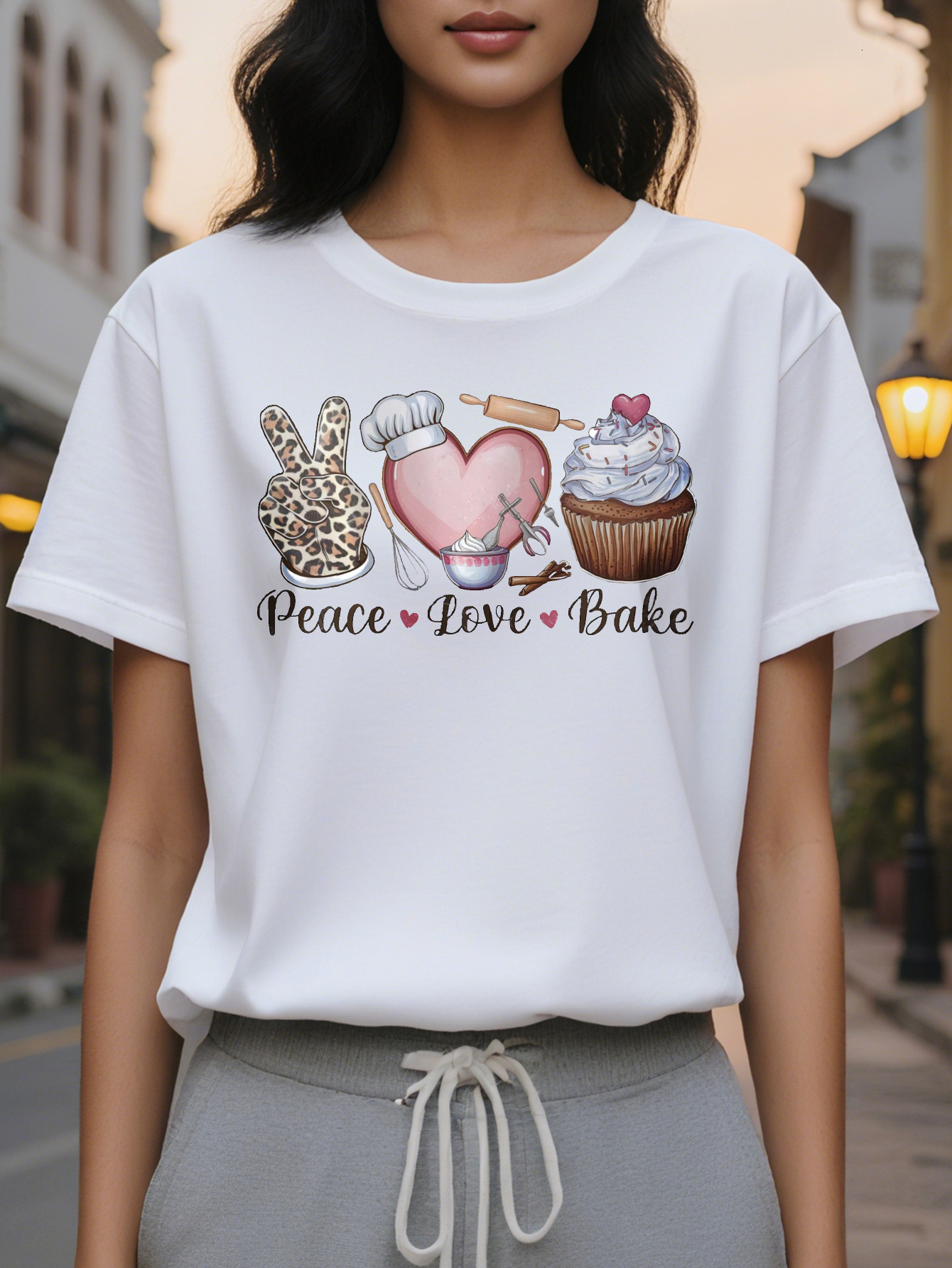 Women's elegant cotton T-shirt printed with the words peace love baking round neck short sleeve casual top summer