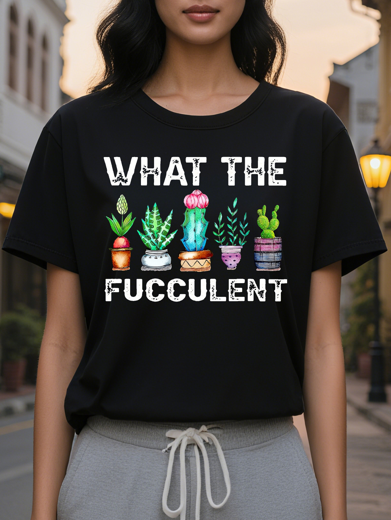 Large XL Playful Olive Green Women's Casual Short Sleeve T-Shirt What The Fucculent Graphic Print With Potted Plants Medium Plus Size