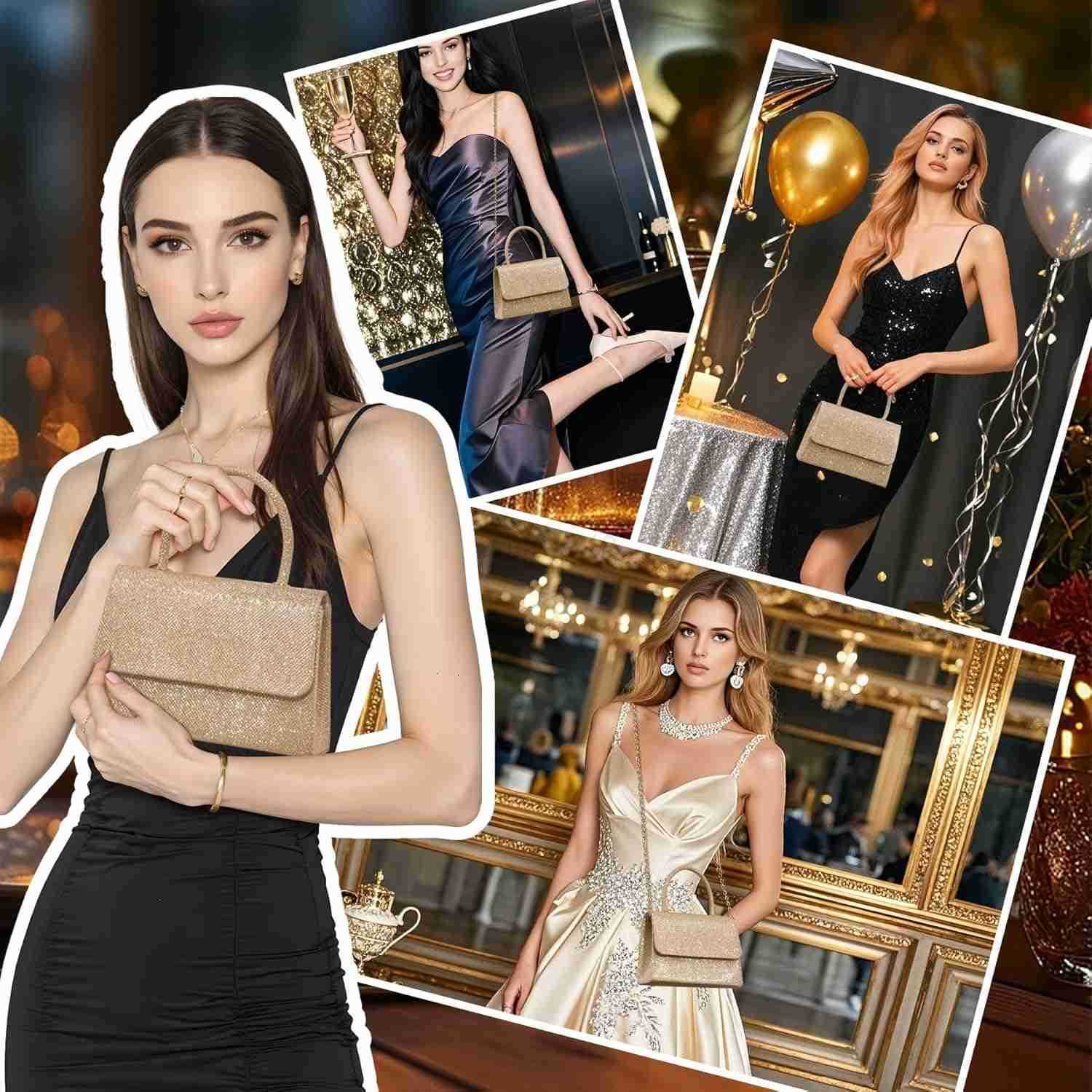 Womens Evening Handbags Glitter Top Handle Evening Clutch Purse wChain for Party Prom Wedding Cocktail Club M250904