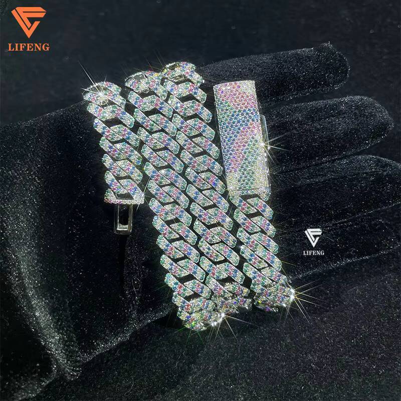 Luxury Design 925 Sterling Silver Cuban Link Chain Colorful Diamond Hip Hop 10MM Two Row Moissanite Necklace