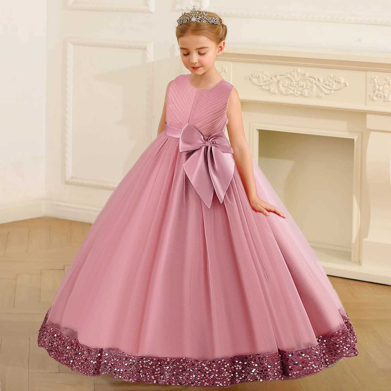 Fluffy Sequin Bridesmaid Princess Girls Dress Elegant Bow Pink Wedding Prom Evening Kids Party Dresses for Girl Birthday Costumes Z250904