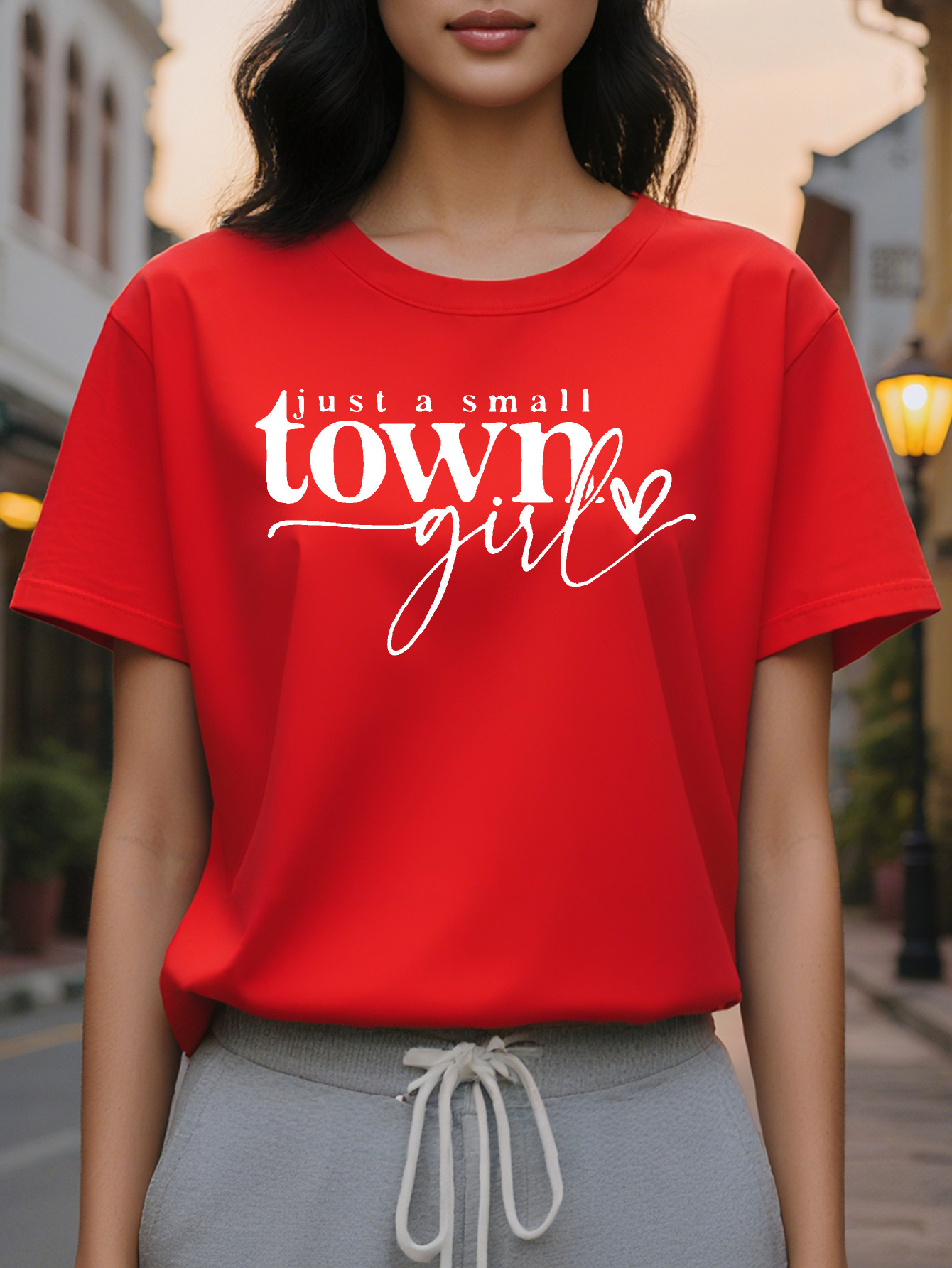 Women's Town Print T-Shirt Casual Crew Neck Short Sleeve Top for Summer Spring Black White Letter and Heart Design