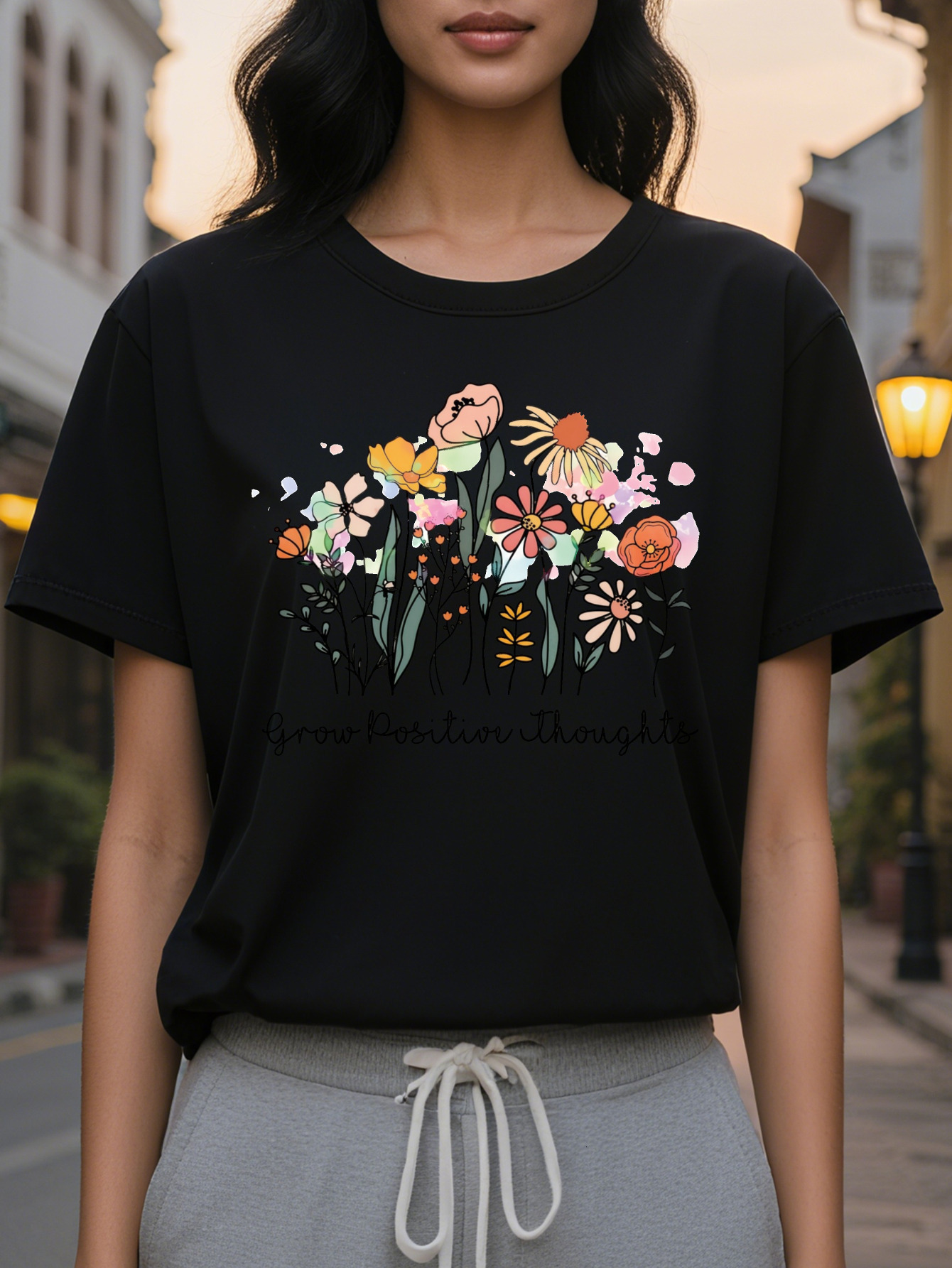 Large XL Floral T-Shirt Grow Thoughtful Graphic Tee Light Gray Soft Everyday Casual Top for SpringSummer Outfits Washable Plus Size