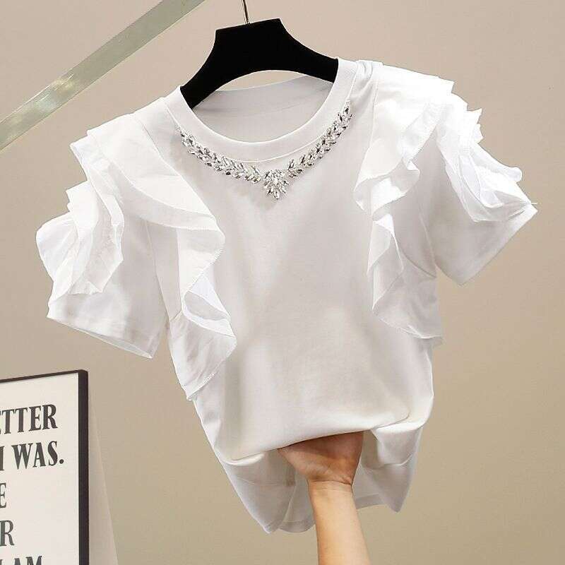 Women's Summer Korean Version Slimming Ruffled Splicing Short-Sleeved Solid Color Casual Shirt Trend