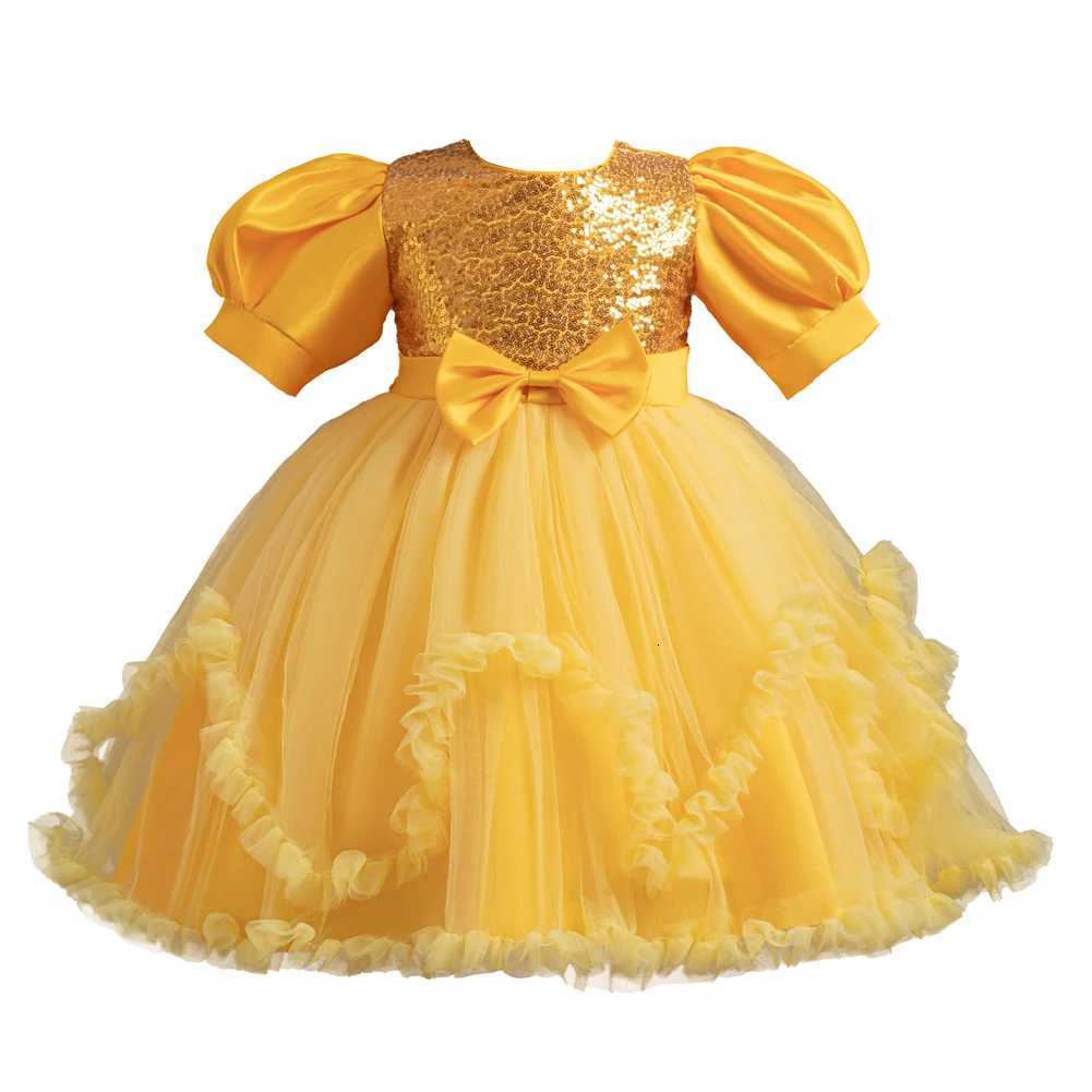 Yellow Bubble Sleeves Princess Dress for Girls Sparkling Sequins Childrens Birthday Party Wear 2 to 10 Years Z250904